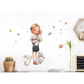 Little Deco DL211-1 Wall Sticker for Children's Room Girl with Rabbit I (W x H) 46 x 32 cm I Wall Sticker Stars Wall Sticker Flowers Stickers Animals Baby