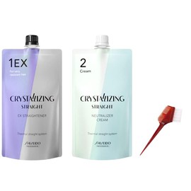 Japanese Hair Rebonding and Straightening Treatment - Permanent Crystallizing Straightener (1EX) with Neutralizing Cream (2) for Very Resistant Hair, Includes Hair Brush