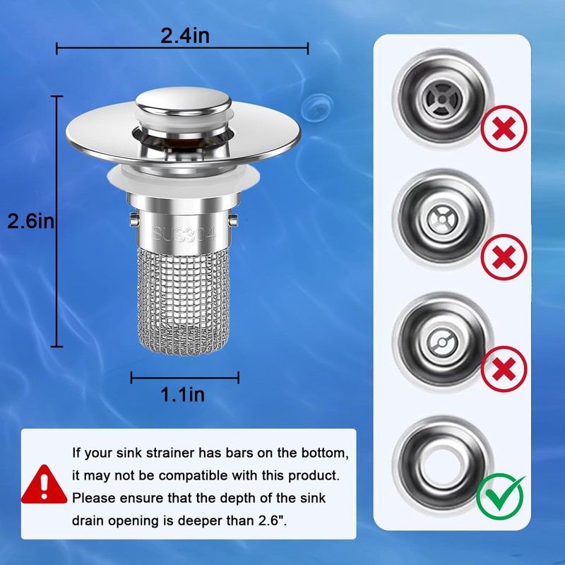 Bathroom Sink Drain Strainer,(2PCS) Pop-up Sink Drain Strainer with Removable