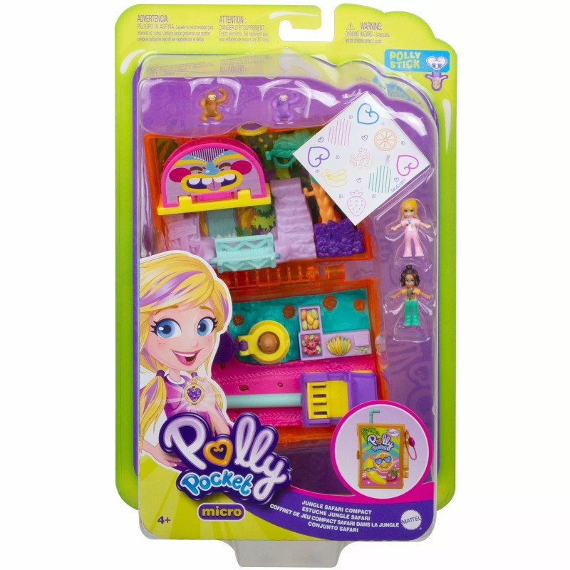 Mattel Polly Pocket Jungle Safari Compact, 2 Micro Dolls &