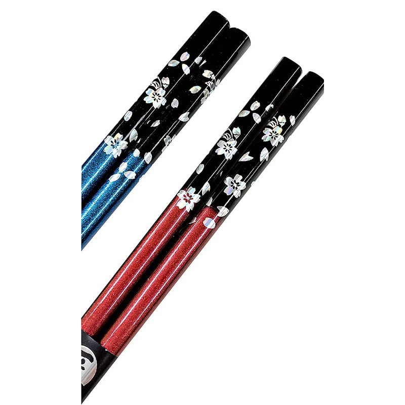 Couples Chopsticks Silver Cherry Blossom Flower Blue Red Paulownia Box