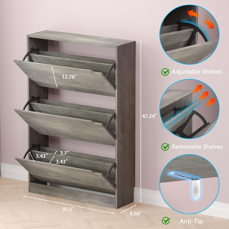 BORNOON Shoe Cabinet with 3 Flip Drawers, Hidden Wood Shoe