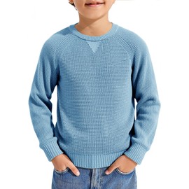 Haloumoning Boys Crewneck Pullover Sweater Kids Waffle Textured Raglan Sleeve Knitted Sweaters 5-14 Years Light Blue