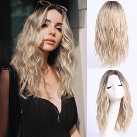 YaissmyLu Middle Length Ombre Blonde Wavy Wigs for Women 18 Inch Middle Part Blond Wavy Wig Medium Natural Looking Synthetic Heat Resistant Fiber Wig for Daily Party Use (18 inch)