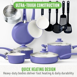 GreenLife 16 Piece Nonstick Cookware Set, Soft Grip Non-Toxic PFAS-Free Ceramic Pots & Pans, Dishwasher & Oven Safe, Frying, Sauce, Utensils, Glass Lids, Stay-Cool Handles, Wobble Free, Periwinkle