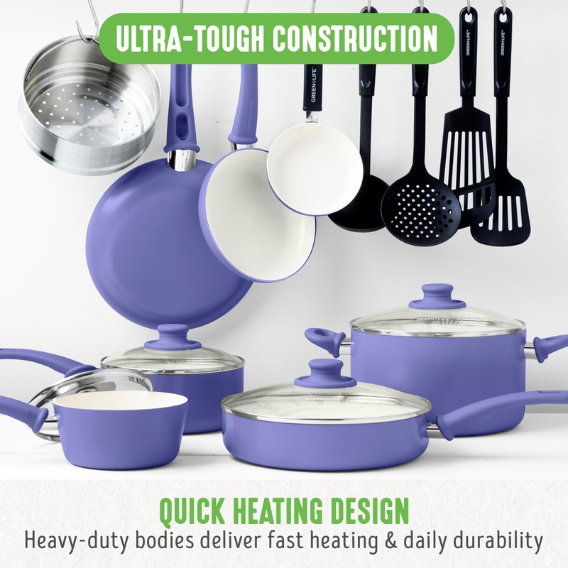 GreenLife 16 Piece Nonstick Cookware Set, Soft Grip Non-Toxic PFAS-Free