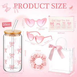 Maxdot Christian Pink Bow Gift Set, 16 oz Coquette Bow Glass Cup, Christian Makeup Bag, Pink Sunglasses, Scrunchie, Preppy Coquette Stuff with Gift Bag for Women Girls Bestie Party Favors