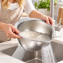 Stainless Steel Rice Washing Bowl for Rinsing & Draining – Reusable Strainer Bowl for Rice, Fruits & Vegetables