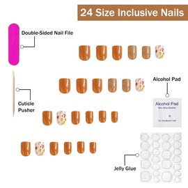 Short Square Press on Nails SWEKKE Fall Fake Nails Light Brown Full Cover Glitter False Nails with Maple Leaves Strobile Designs Glossy Glue on Nails Acrylic Nails for Women Girls 24Pcs