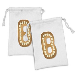 Ambesonne Christmas Alphabet Fabric Pouch Set of 2, Christmas Gingerbread Shaped as B Letter with Creamy Dots, Small Drawstring Bag for Toiletries Masks and Favors, 9" x 6", Amber Cream and White