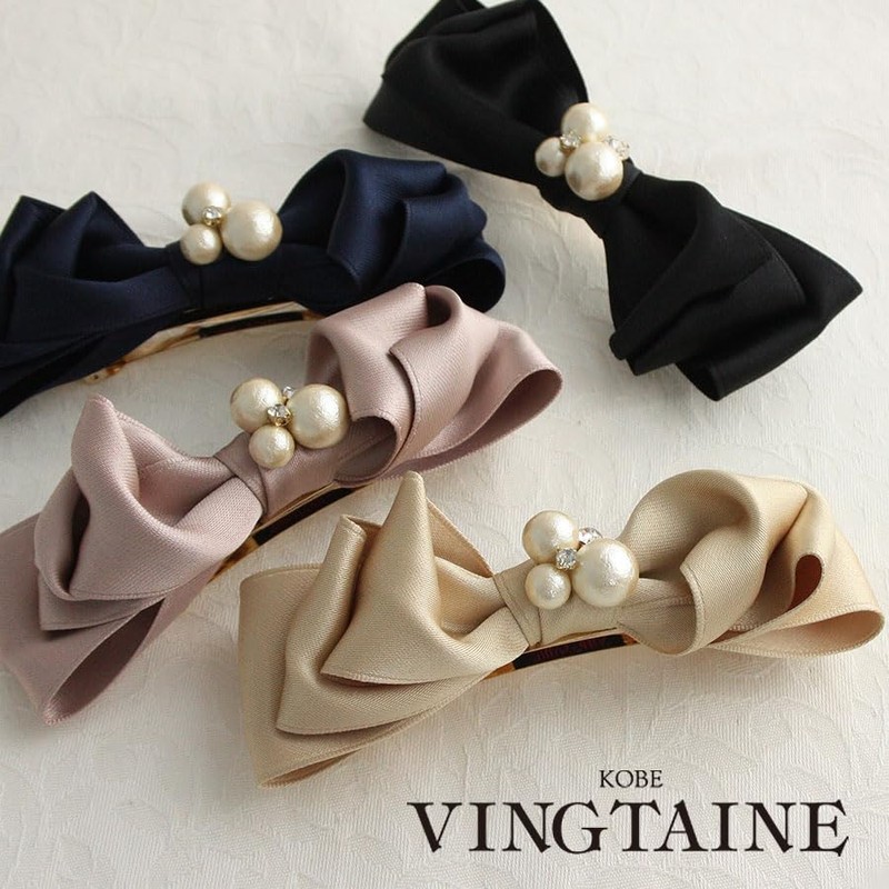 VingTAINE H-992 Cotton Pearl Bijou Satin Ribbon Barrette, Elegant, Office,