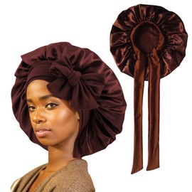 [RUNQIU] Satin Bonnet Silk Sleep Cap for Women Hair Bonnet Stretch Tie Band Hair Cap Curly Hair Silk Hair Wrap Large Bonnet All Season, coffee