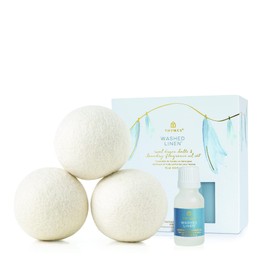 Thymes Wool Dryer Balls Set – Includes 3 Wool Laundry Balls + 1 Scented Laundry Fragrance Oil for Dryer – Eliminate Wrinkles, Static & Lint (Washed Linen, 0.5 fl oz)