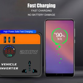 200W Wechselrichter 12V auf 220V Spannungswandler, Stromwandler mit Typ-C & USB Anschluss und LCD-Digitalanzeige für Auto, Laden von Handys, Laptops und Anderen Geräten