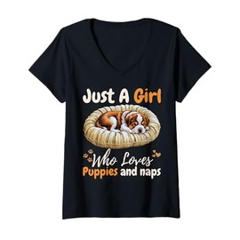 Womens Just A Girl Who Loves Puppies & Naps For Girls For Dog Lover V-Neck T-Shirt