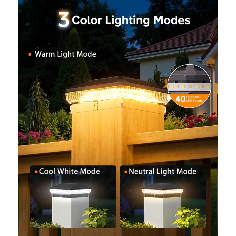 ENSLI 6 Pack Solar Post Cap Lights Outdoor with 3
