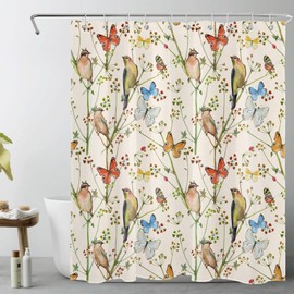 LB Wildflower Bird Shower Curtain Watercolor Flower Butterfly Hummingbird Beige Backdrop Boho Floral Bathroom Decor with Hooks, Easy Care Polyester Fabric Bathroom Curtain 60x72 Inch