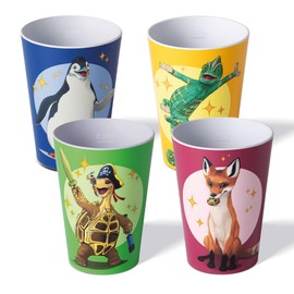 AWAVE The School of Magic Animals Children's Drinking Cups Set of 4 250 ml RPET Fox Rabbat Penguin Juri Tortoise Henrietta Chameleon Caspar Children's Cup BPA Free Stackable Reusable Measuring Line