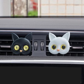 DUSCOKE 2PCS Cute Cat Car Dashboard Air Vent Trim Clip, Funny Air Freshener Diffuser Clip Car Air Conditioning Outlet Clip Charm, Automotive Interior Decoration for Women Present (Yellow eyes)