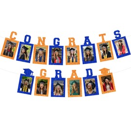 Cheereveal Congrats Grad Photo Banner Orange Blue, Graduation Photo Prop Decorations, High School College Graduation Party Supplies for Class of 2025