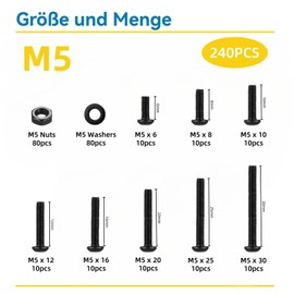 WZHUIDA 240 Piece M5 Screws Set, Black Metric Rounded Head Screws, Hexagon Socket Screws, Nuts and Washers Assortment Set, Thread Machines, Hex Screws