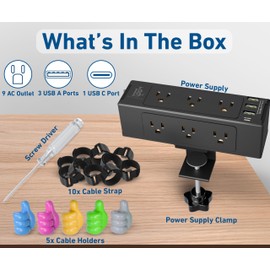 Desk clamp Power Strip Desk Compact mountable Surge Protector Outlet Station USB-C, 9 AC Plugs & 3 USB Ports, Plug in & Out Electronics, Desk Power w/Cable Holders & Hooks - Black