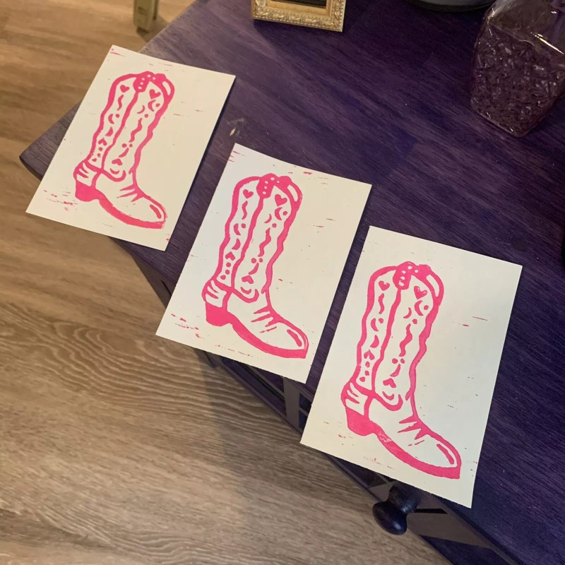 ORIGINAL Pink Cowgirl Boot Linocut Prints on Paper (roughly 4”x6”)