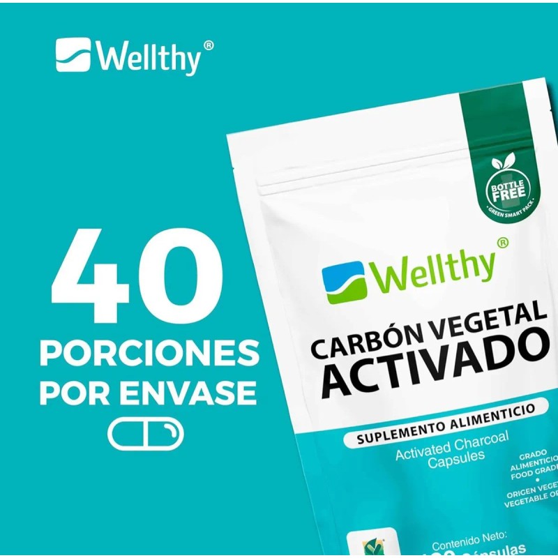 Carbón Vegetal Activado 120 Cápsulas - Wellthy Sabor Sin Sabor