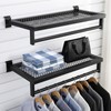 Fiwochic 2 Pcs Black Slatwall Shelf Clothes Rack with Grid