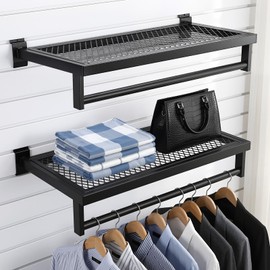 Fiwochic 2 Pcs Black Slatwall Shelf Clothes Rack with Grid Shelf