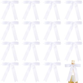 Joez Wonderful 15 Pcs Twist Tie Bows, Pastel Satin Ribbon, Bowknot Decoration for Crafts, Satin Bows for Gift Wrapping, Christmas, Birthday, Party, Wedding (White)