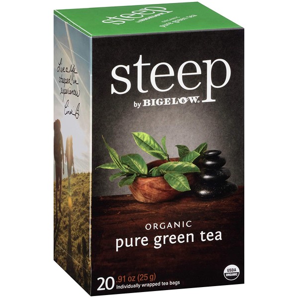 Steep by Bigelow Organic Pure Green Tea 20 Count (Pack of 6), 120 Tea Bags Total. Organic Caffeinated Individual Green Tea Bags, for Hot Tea or Iced Tea, Drink Plain or Sweetened with Honey or Sugar