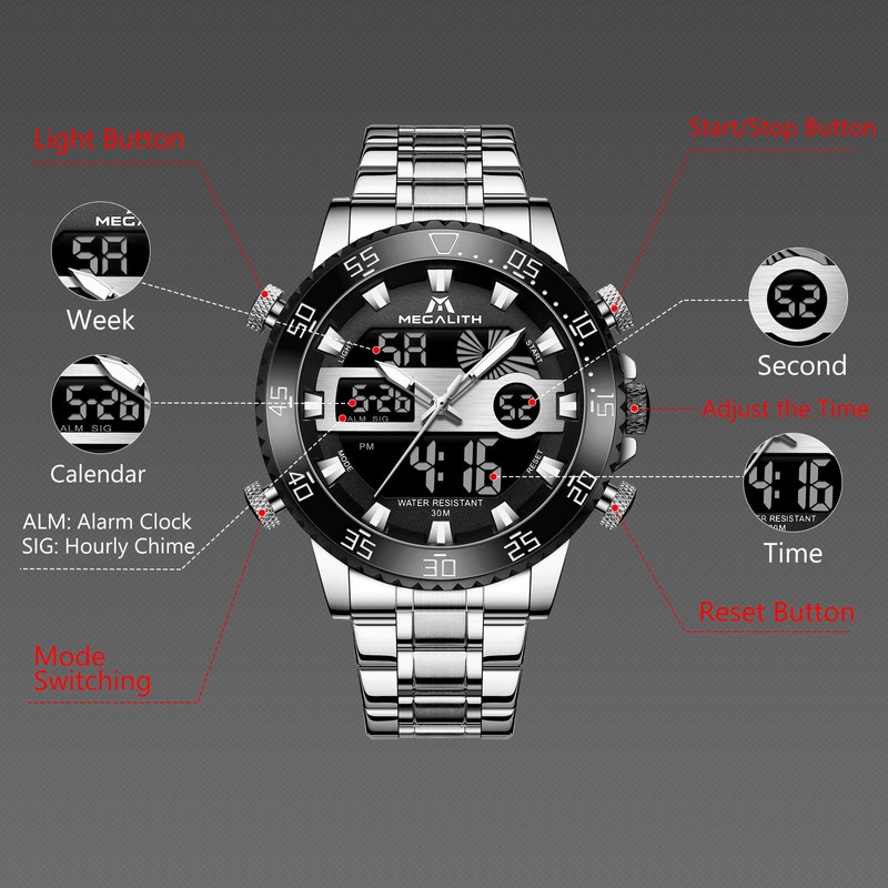 MEGALITH Watches for Men Military Digital: Silver Stainless Steel Waterproof