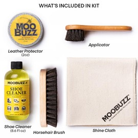 MooBuzz Leather Care Kit by Angelus – All-Natural Leather Cleaner, Conditioner & Protector for Shoes, Boots, Furniture & Bags – Includes Leather Cleaner, Horsehair Brush, Dauber & Cloth – Made in USA