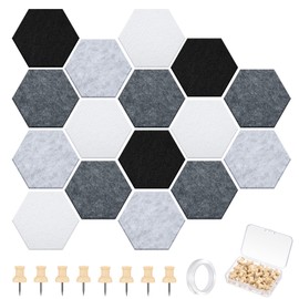 Mindsoft 16 Pcs Hexagon Cork Board for Walls with 50 Wooden Push Pins Felt DIY Tiles Notice with Nano Tape Hanging Bulletin Board for Home Photo Office Memo Note(Grey,6.7 x 5.9 in)