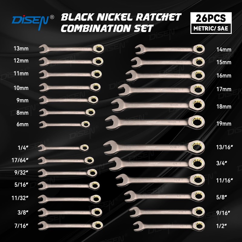 DISEN 90 Teeth Combination Ratcheting Wrench Set 26 Piece, Metric
