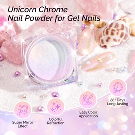 MelodySusie Unicorn Chrome Nail Powder,Ice Transparent Aurora,Mirror Effect,Color Changing Pearlescent,Multi-color Chrome Rainbow Pigment Super Shiny,Suitable for Home DIY Nail Salon