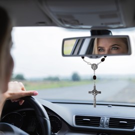 Saint Benedict Medal One Decade Catholic Rosary for Car Rearview Mirror Dark Brown Wood Prayer Beads Sacred St Benedict Crucifix Rosaries Bracelet Religious Gift for Men Women (Silver Cross Rosary)