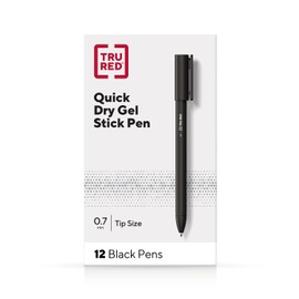 TRU RED Quick Dry Gel Pen, Stick, Medium 0.7 Mm, Black Ink, Black Barrel, Dozen