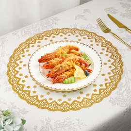 fanquare Round Gold Lace Placemats Set of 12, 15" Floral Vinyl Thin Decorative Party Table Mats for Dining Wedding Holiday Kitchen