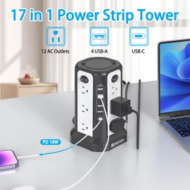 HITRENDS Tower Power Strip with Surge Protection | 12 AC Outlets + 4 USB + PD18W Type-C | 10FT Extension Cord with Multiple Outlets | 2500W Flat Plug Space-Saving Design for Home Office