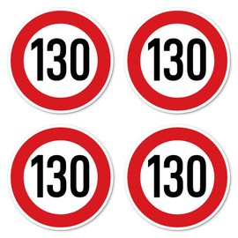 Stickers: Diameter 150 mm, Pack of 4 - Road Traffic Sign Z-274 Red/White - Maximum Speed/Maximum Speed - 130 km/h