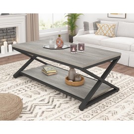 HSH Coffee Table with Storage, Farmhouse Grey Living Room Table Center Table, Industrial Wood and Metal Rectangle Coffee Tables, Simple Rustic 2 Tie Cocktail Tea Table for Home Office Bedroom, 47 Inch