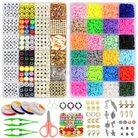 6000+ Cuentas De Arcilla para Pulseras,24 Colores Kit para Hacer Pulseras y Collares con Cuerda,Manualidades Fabricación de Joyas Decoración,Kit de DIY Bisuteria de Collar y Aretes para Adultos,Regalo