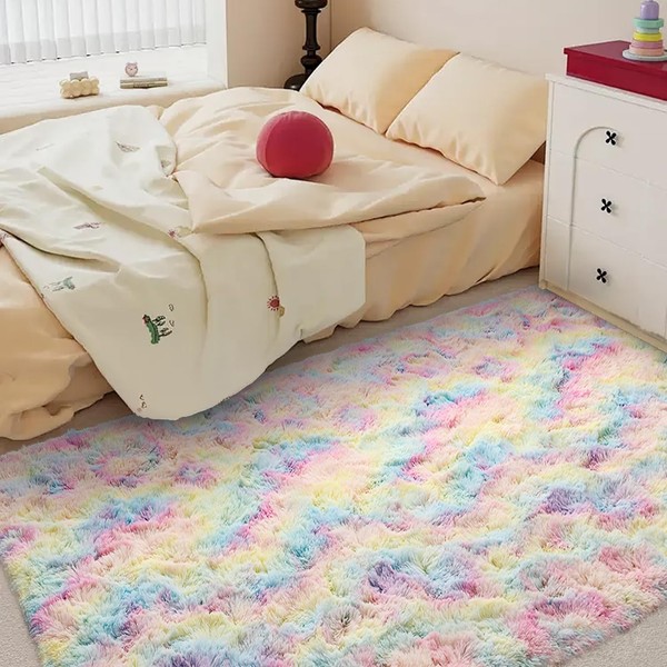 8x10 ft Fluffy Rainbow Area Rug for Bedroom Soft Fuzzy