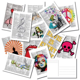 Dictionary Art Style Postcard Bulk Pack Of 25 - Rock Music - Unique Illustrations - Vintage Books - Lyrics and Words