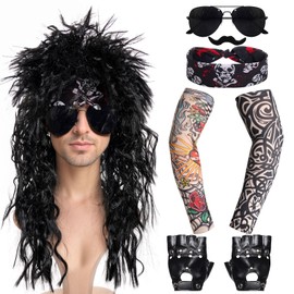cnomg Rocker Costume for Men Punk Accessories Costume Including Disco Wig Headband Sunglasses Tattoo Sleeve Gloves for 70s 80s 90s Punk Rock Party