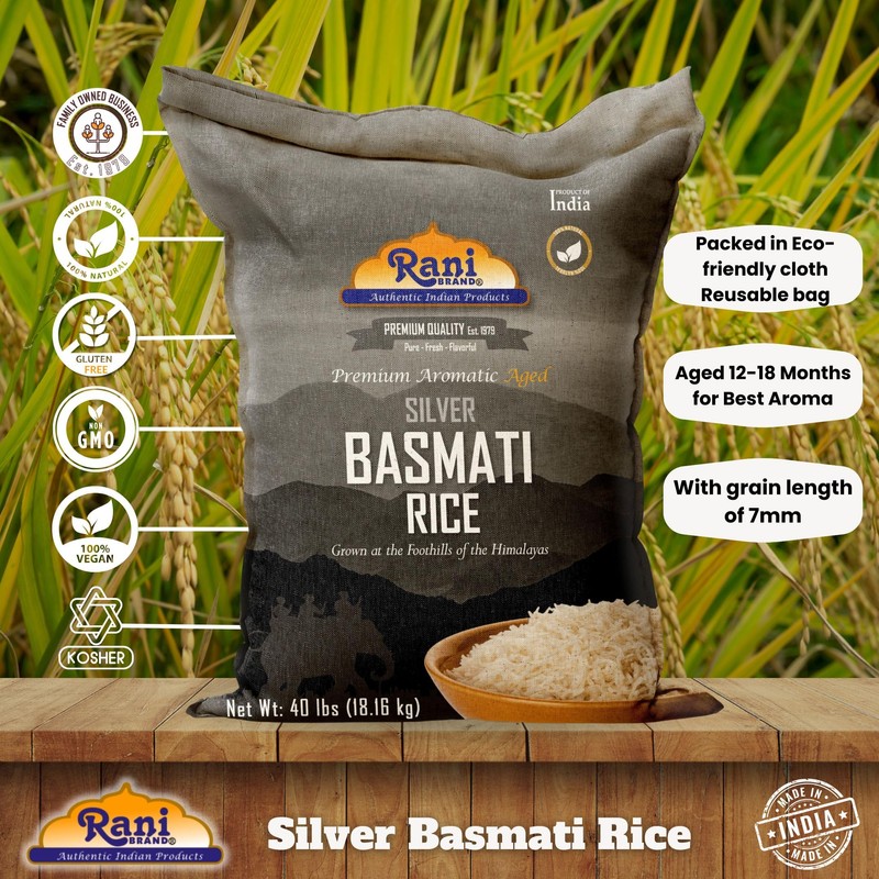 Rani Silver White Basmati Rice Extra Long Aged 40-Pound Bag,