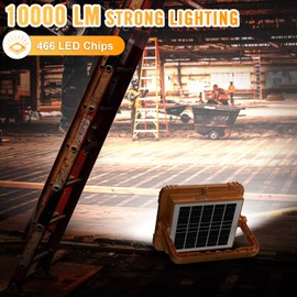 100W LED Solar Work Light, 466 LED 10000LM Magnetic Worklight with 5 Modes, 12000mAh Battary Rechargeable, IP66 Waterproof Portable Solar Outdoor Working Light for Emergency, Repair, Camping