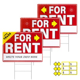 Decorniqu 3 Pack Large For Rent Signs with Stakes 18" x 24" Double-Sided Weather-Proof For Rent Sign with Pricing Stickers Arrow Stickers Corrugated Plastic Yard Signs with Metal Stakes